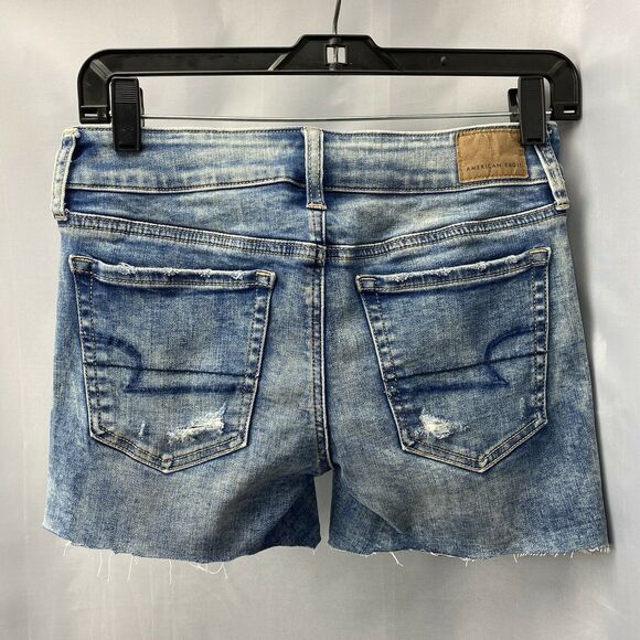 American Eagle Midi Shorts 2 Next Level Stretch Denim Blue Jean Distressed - Picture 4 of 10